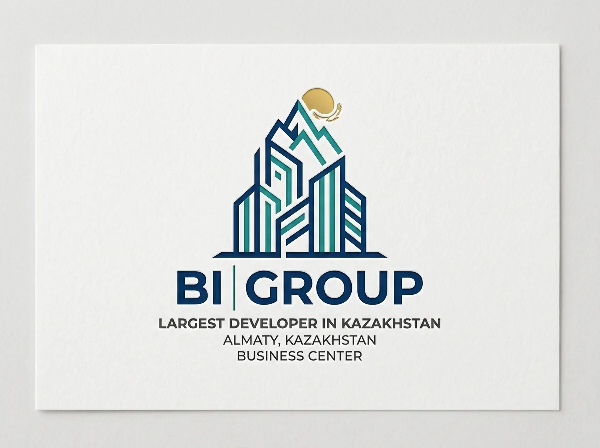 Логотип компании BI Group — крупнейший застройщик Казахстана, офис в деловом центре Алматы